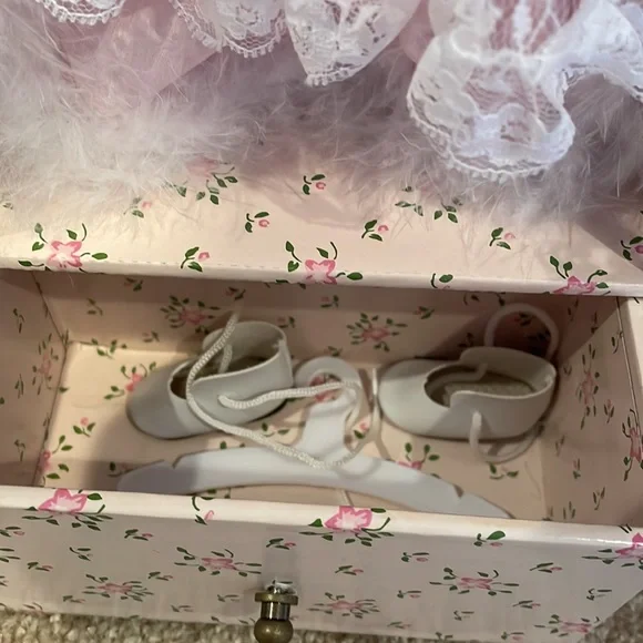 Porcelain doll in carrying crate. Additional dress, shoes and hanger. NWOT. - Picture 4 of 13